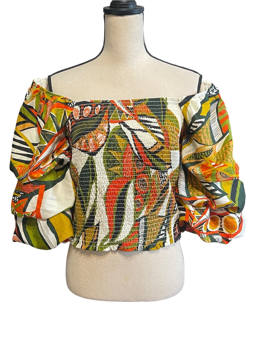 NWT Live 4 Truth Bright Multi Print Abstract Floral Smocked Puff Sleeve Crop Top